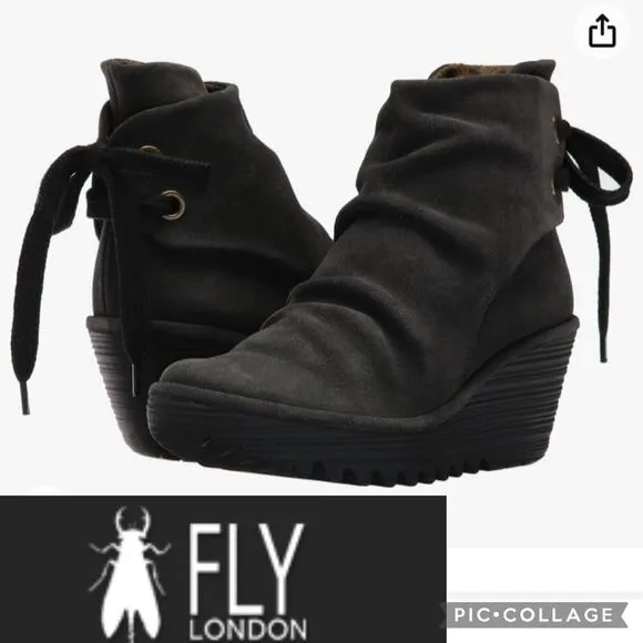 FLY London Women's Black Velvet Yama Ankle wedge Boot size 10