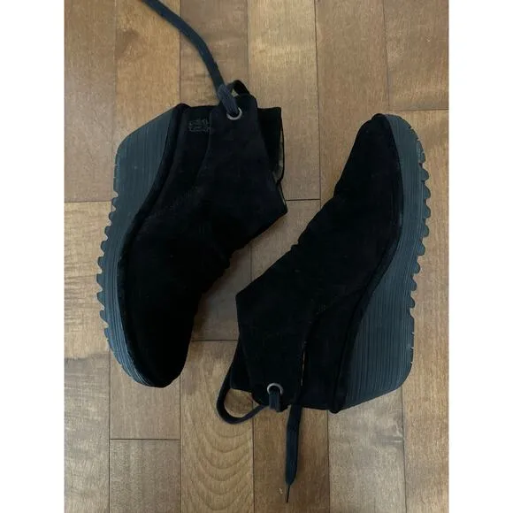 FLY London Women's Black Velvet Yama Ankle wedge Boot size 10