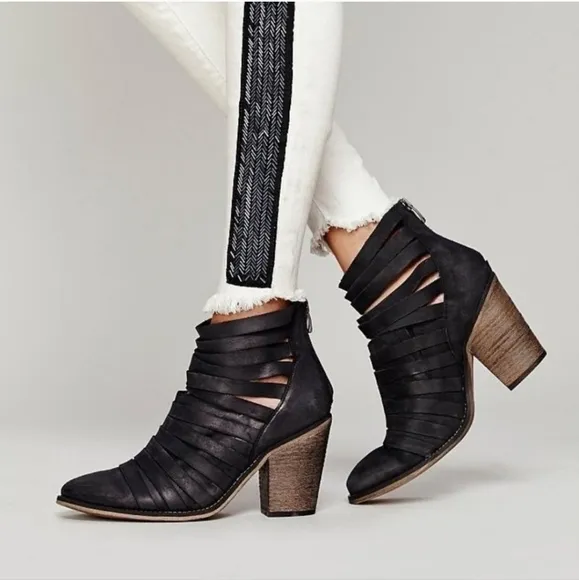 Free People Black Hybrid Strappy Heel Ankle Booties Boots