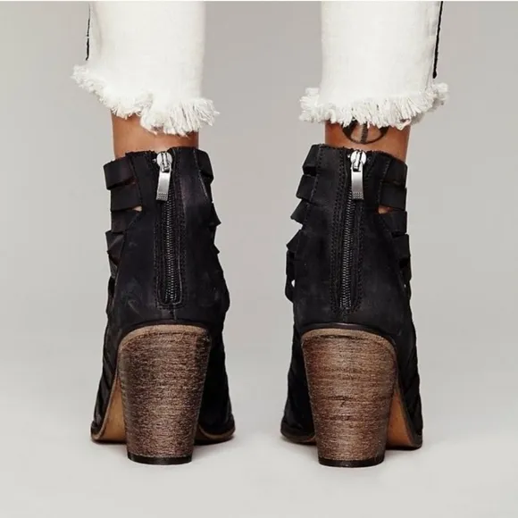 Free People Black Hybrid Strappy Heel Ankle Booties Boots