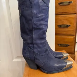Free People Blue Leather Cowboy Boots with Silver Accents