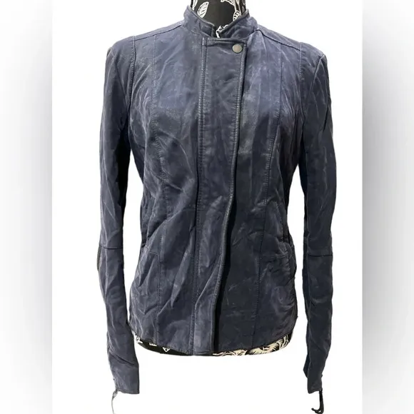 Free People Blue Vegan Leather/Suede Moto Jacket – Size Large
