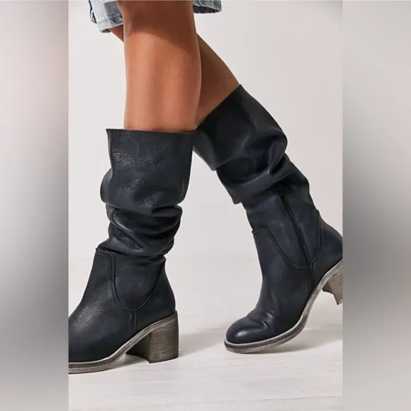 Free People Essential Tall Slouch Black Leather Boots Women’s Size 40 US 10