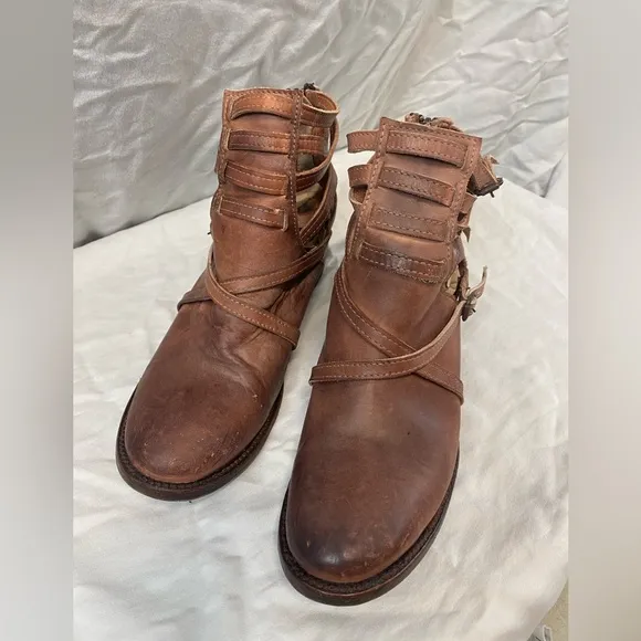 Freebird By Steven Stair Leather Booties In Cognac Strappy Size 9