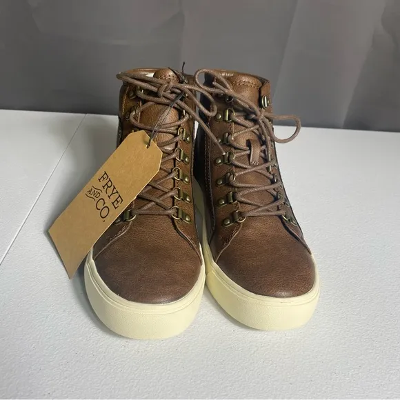 Frye and Co. Tan Suede Chukka Boots with White Rubber Sole and Brown Laces