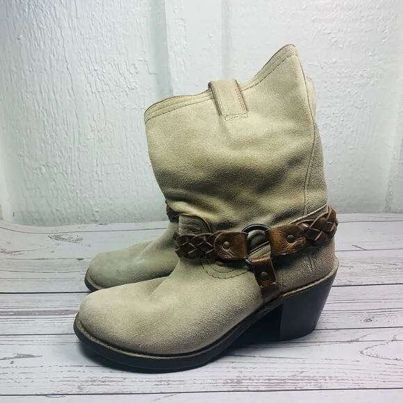 Frye Boots Carmen Tan Suede Womens 7.5B 77373 Mid Boots Harness Pull On Cowgirl