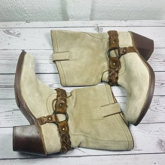 Frye Boots Carmen Tan Suede Womens 7.5B 77373 Mid Boots Harness Pull On Cowgirl