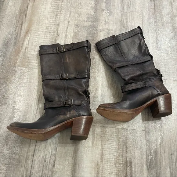 Frye Carmen 3 straps leather heeled boots Size 10