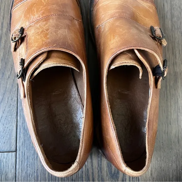 Frye James Double Monk Strap Tan Leather Shoes Loafers, Size 12