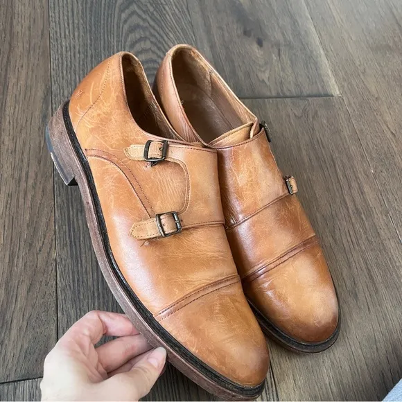 Frye James Double Monk Strap Tan Leather Shoes Loafers, Size 12