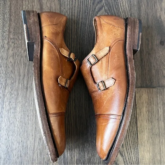 Frye James Double Monk Strap Tan Leather Shoes Loafers, Size 12