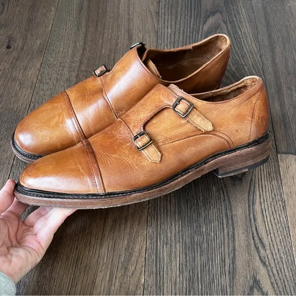 Frye James Double Monk Strap Tan Leather Shoes Loafers, Size 12