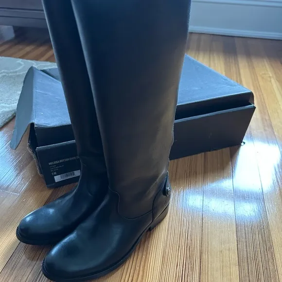 Frye Melissa Black button back zip Knee-High Leather Boots NEW 7