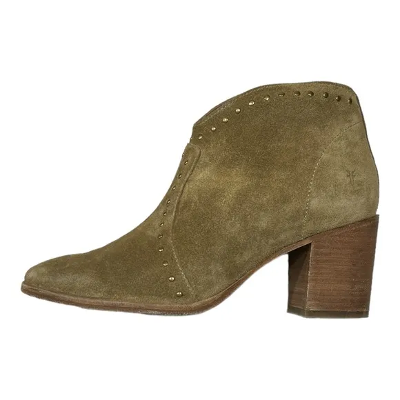 Frye Nora Stud Zip Ankle Boots Short Tan Suede Heeled Sz 8 Booties