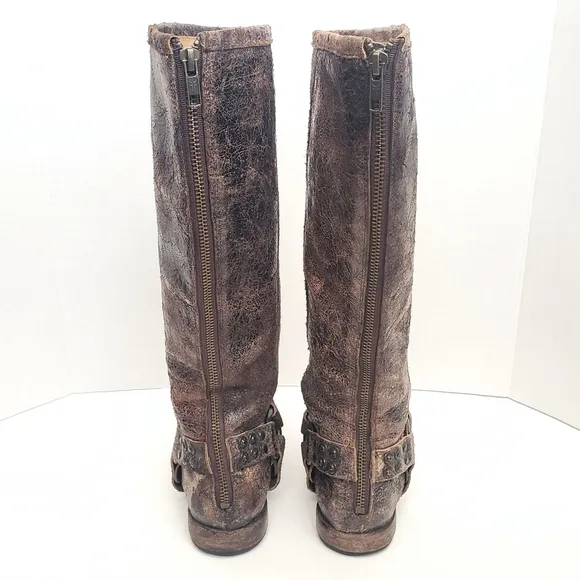 Frye Phillip Studded Harness Tall Riding Boots Brown Distressed Leather Size 5.5