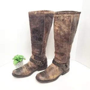Frye Phillip Studded Harness Tall Riding Boots Brown Distressed Leather Size 5.5