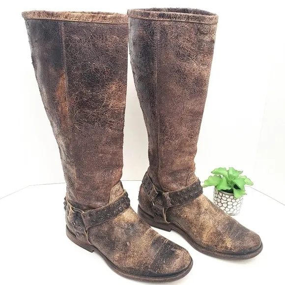 Frye Phillip Studded Harness Tall Riding Boots Brown Distressed Leather Size 5.5