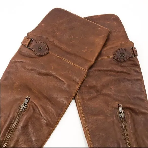 Frye Shirley Over The Knee Riding Foldover Boots distressed Leather Brown 5.5