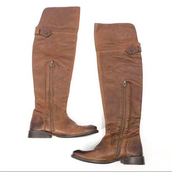 Frye Shirley Over The Knee Riding Foldover Boots distressed Leather Brown 5.5