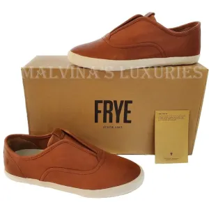 FRYE SHOES MAYA SLIP ON SNEAKERS COGNAC LEATHER LOGO TAB sz 7.5
