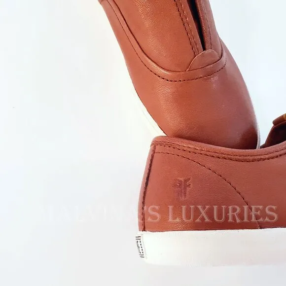 FRYE SHOES MAYA SLIP ON SNEAKERS COGNAC LEATHER LOGO TAB sz 7.5