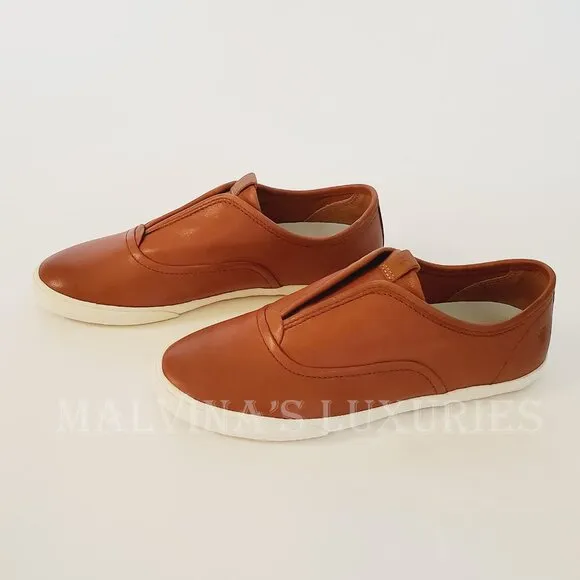 FRYE SHOES MAYA SLIP ON SNEAKERS COGNAC LEATHER LOGO TAB sz 7.5