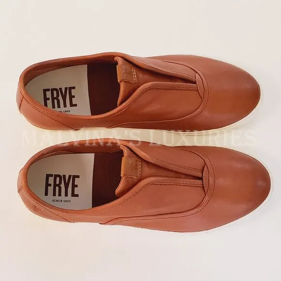FRYE SHOES MAYA SLIP ON SNEAKERS COGNAC LEATHER LOGO TAB sz 7.5