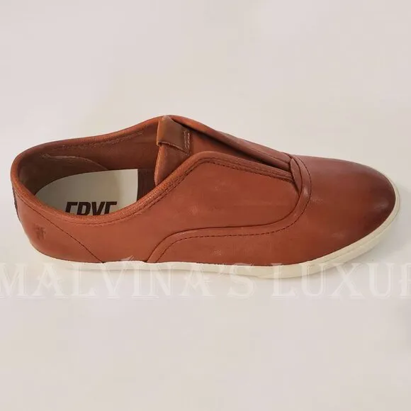 FRYE SHOES MAYA SLIP ON SNEAKERS COGNAC LEATHER LOGO TAB sz 7.5