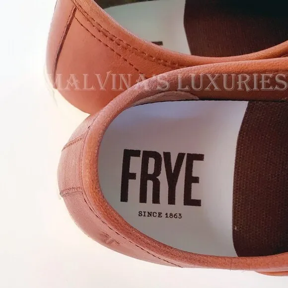 FRYE SHOES MAYA SLIP ON SNEAKERS COGNAC LEATHER LOGO TAB sz 7.5