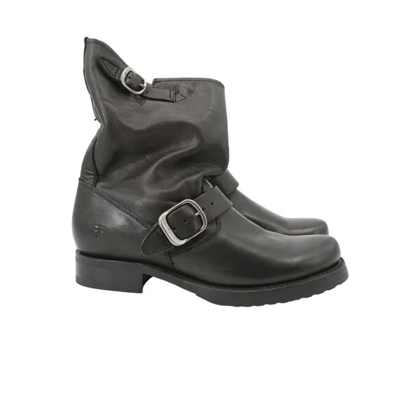 Frye Veronica Shortie Boots Black Leather Slouch Moto Buckle Booties 8