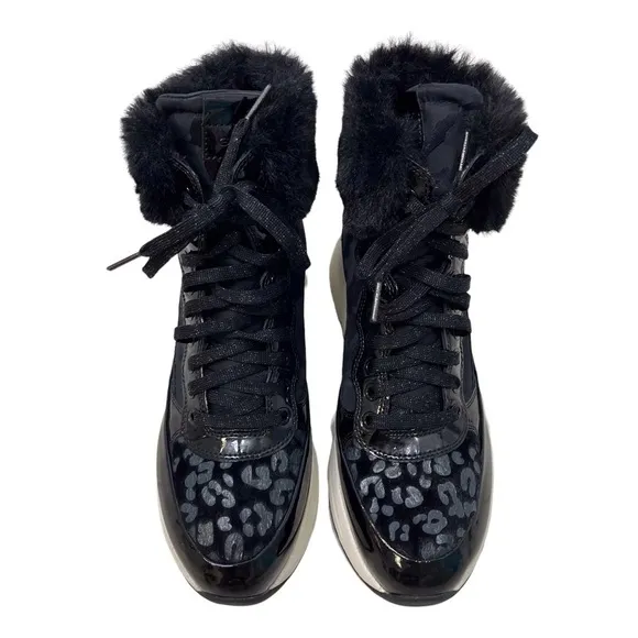 Geox Backsie Amphibiox Winter Boots Animal Print Faux Fur Black Size 7.5 Lace Up