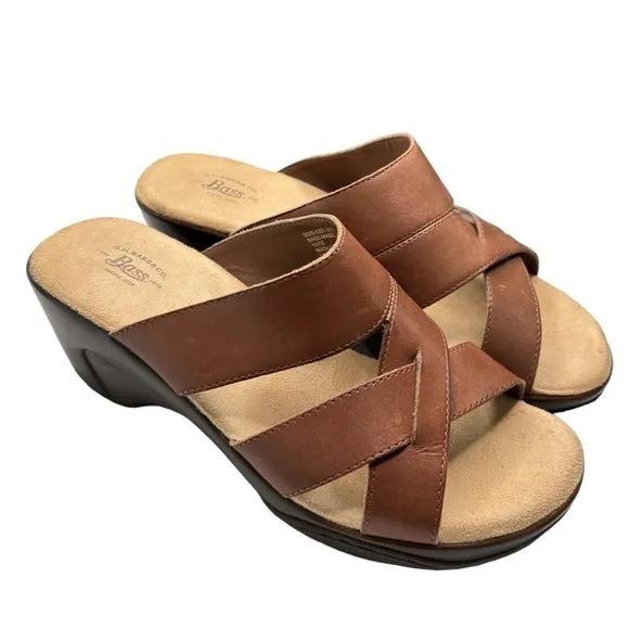 G.H. Bass &amp; Co Mabel Sandals Womens Size 8W Brown Leather Slip On Wedge Heel