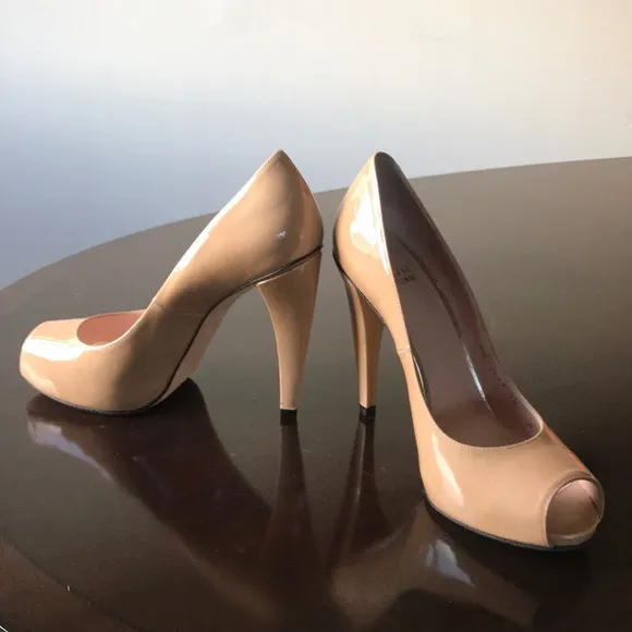 Glossy tan peeptoe cone heel Stuart Weitzman Pumps