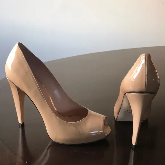 Glossy tan peeptoe cone heel Stuart Weitzman Pumps