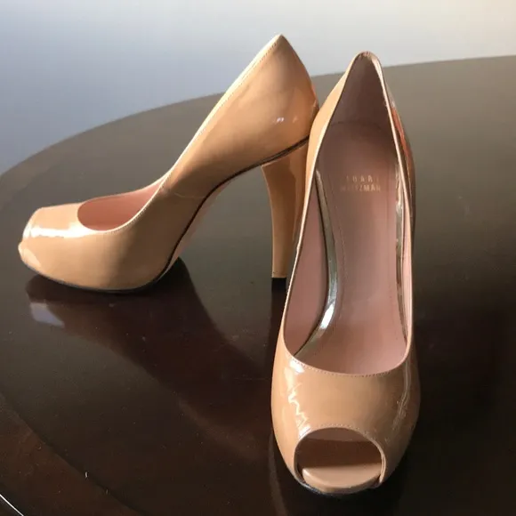Glossy tan peeptoe cone heel Stuart Weitzman Pumps