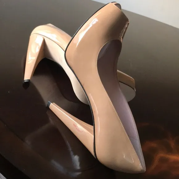 Glossy tan peeptoe cone heel Stuart Weitzman Pumps