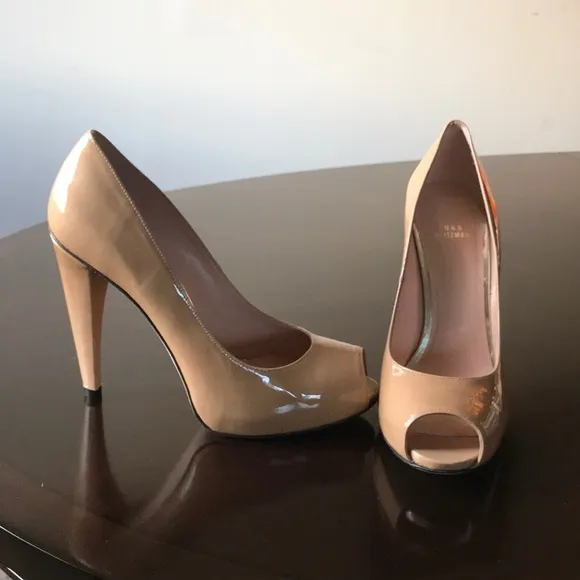 Glossy tan peeptoe cone heel Stuart Weitzman Pumps