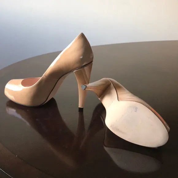 Glossy tan peeptoe cone heel Stuart Weitzman Pumps
