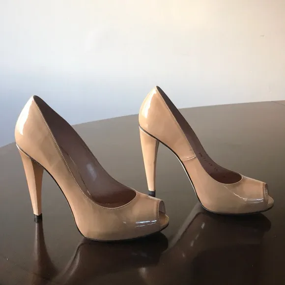 Glossy tan peeptoe cone heel Stuart Weitzman Pumps
