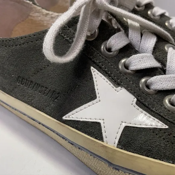 Golden Goose Suede V Star 2 Sneakers in Military Green &amp; White Patent Star Sz 9
