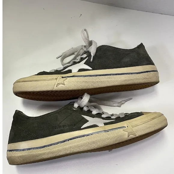 Golden Goose Suede V Star 2 Sneakers in Military Green &amp; White Patent Star Sz 9