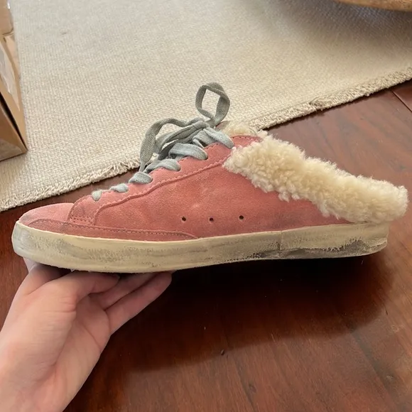 GOLDEN GOOSE Women's Pink Suede Shearling Slip On Sneakers Size 37