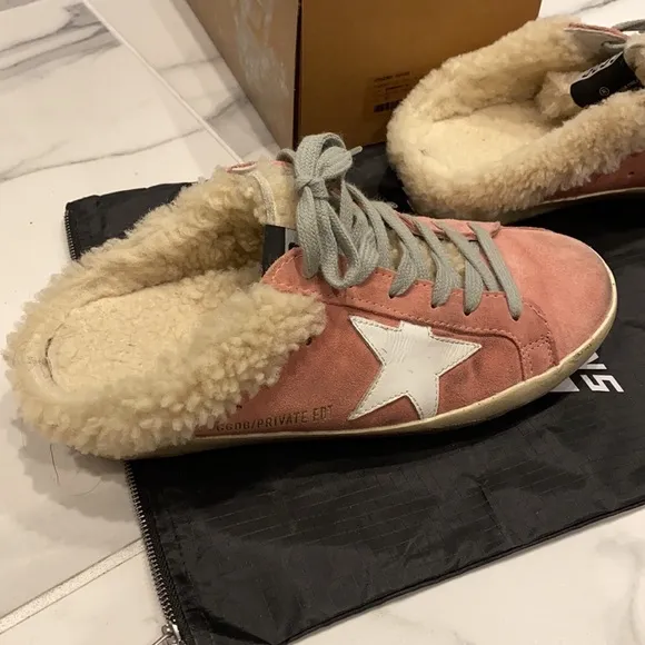 GOLDEN GOOSE Women's Pink Suede Shearling Slip On Sneakers Size 37