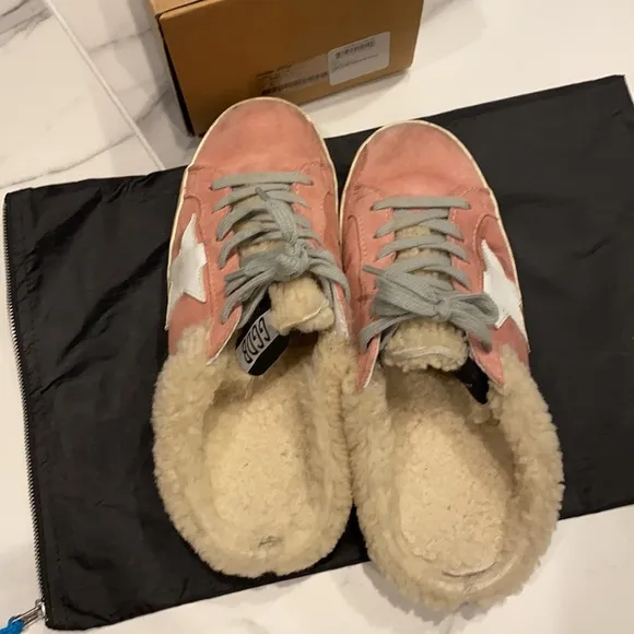 GOLDEN GOOSE Women's Pink Suede Shearling Slip On Sneakers Size 37