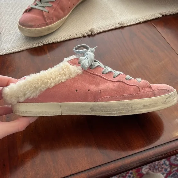 GOLDEN GOOSE Women's Pink Suede Shearling Slip On Sneakers Size 37