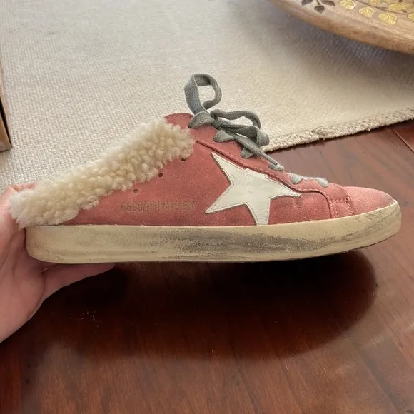 GOLDEN GOOSE Women's Pink Suede Shearling Slip On Sneakers Size 37