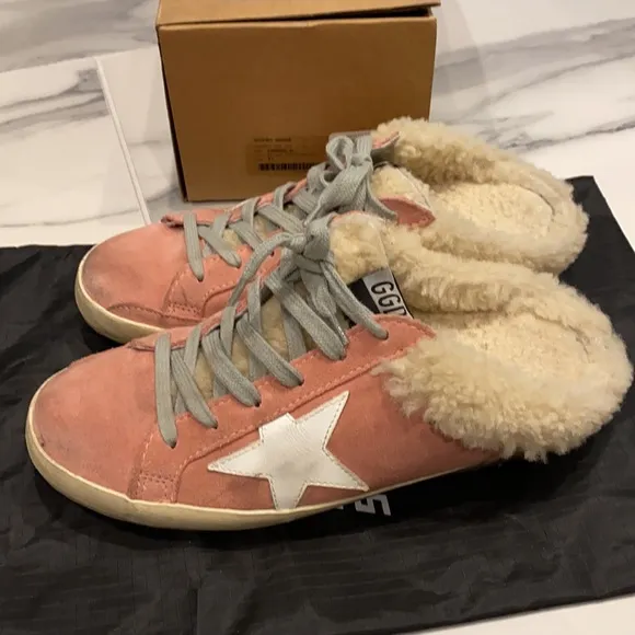 GOLDEN GOOSE Women's Pink Suede Shearling Slip On Sneakers Size 37