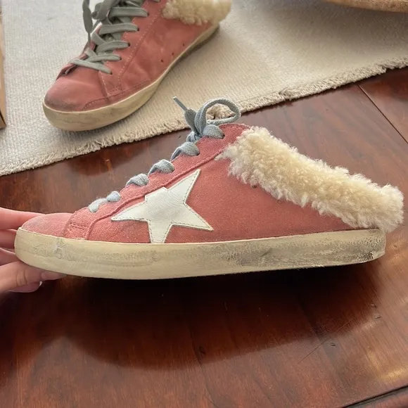 GOLDEN GOOSE Women's Pink Suede Shearling Slip On Sneakers Size 37