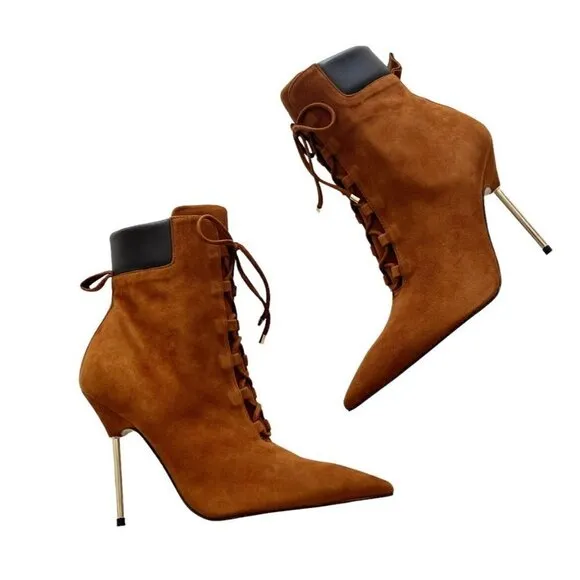 Good American Boots Womens Size 8 Tobacco Suede Pointed Toe Scandal Booties NIB