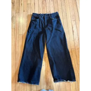 Good American Wide Leg Crop Jeans Frayed Hem High Waist Black Size 12